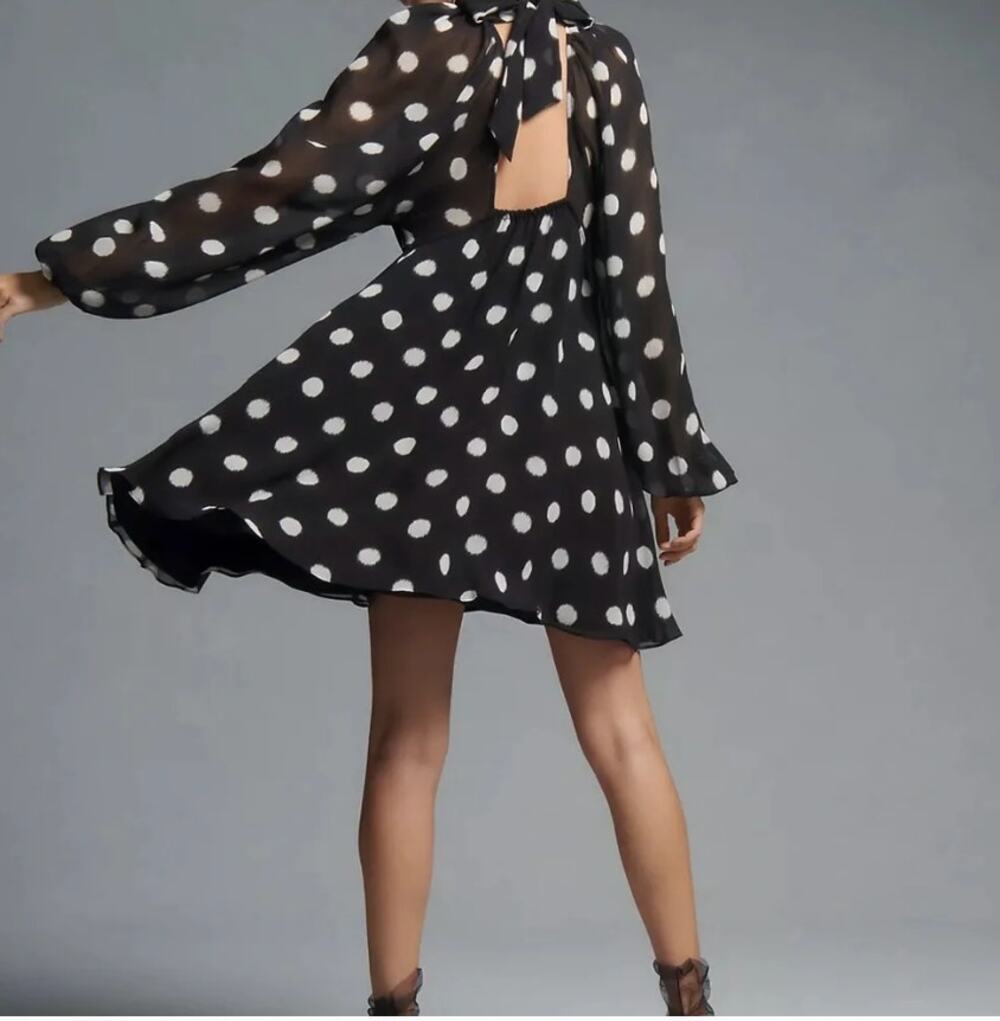 Anthropologie Maeve Long-Sleeve Sheer Mini Dress Sm Polka Dot B&W Open Back